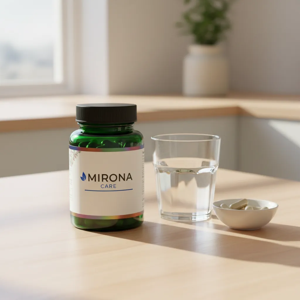 Mirona Care-æske på et lyst bord med et glas vand og mandler - morgenrutine